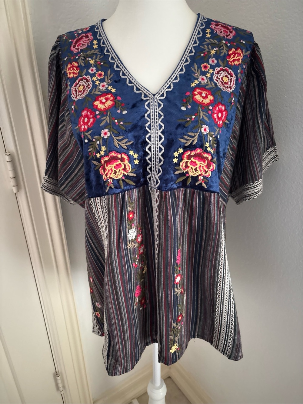 Savannah Jane boho Embroidered V-Neck Striped Peasant Top in Navy small